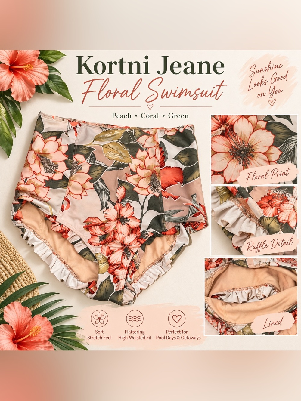 Kortni Jeane Kids Floral High-Waisted Bikini - Peach, Coral, Green